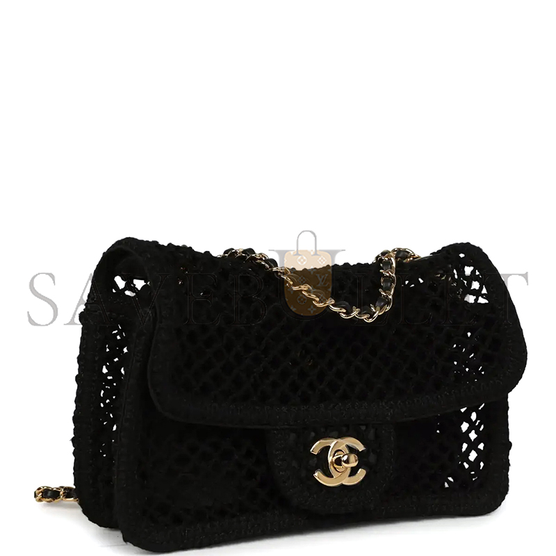 Ch**el SMALL COCO BEACH CROCHET FLAP BAG BLACK MESH GOLD HARDWARE AS6157 (21*14*6cm)